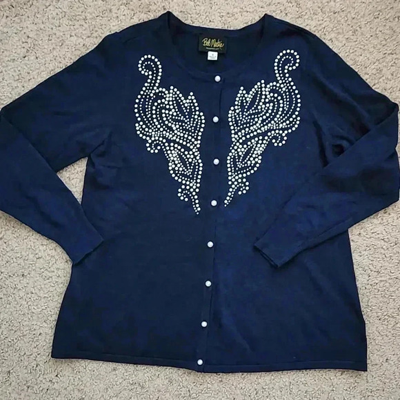 Bob Mackie Navy Blue Holiday Cardigan Sweater Pearl Embellished Size Small - Picture 7 of 10